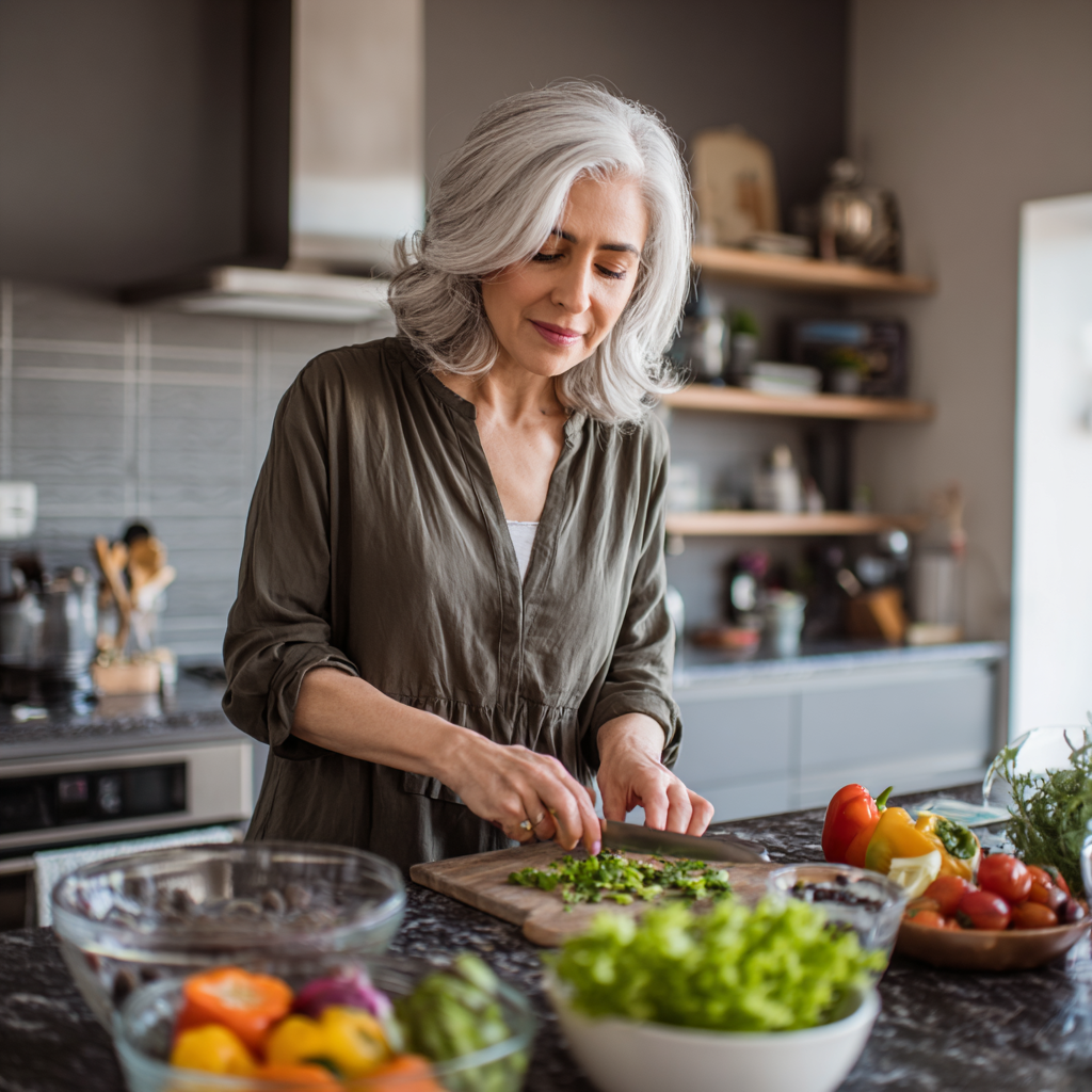 Mature woman preparing healthy meal in modern kitchen, following personalized nutrition plan