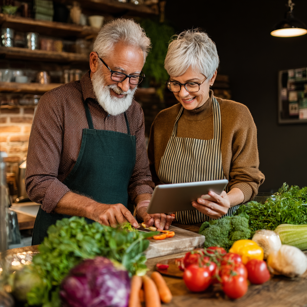 Senior couple cooking together using healthy meal planning app on tablet